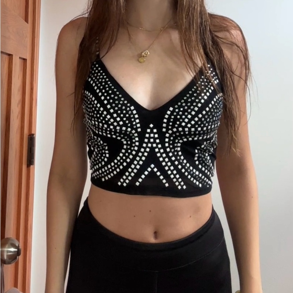 Fashion Nova Black and Silver Embellished Crop Top
